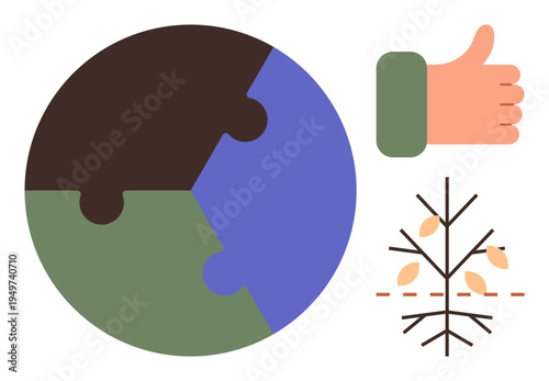Environmental awareness, sustainable living, global unity, ecology, reforestation, positive actions. Globe with puzzle pieces, tree sapling and thumbs-up symbol. Environmental awareness