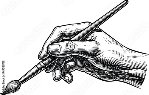 Hand holding paint brush vector illustration, black and white engraving style sketch, artist drawing process, graphic design isolated element concept