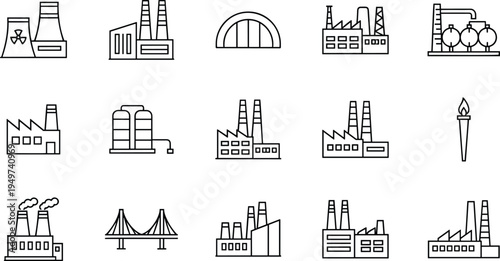 Industrial factory and infrastructure line icon set featuring power plants bridges manufacturing facilities and energy production industry symbols.