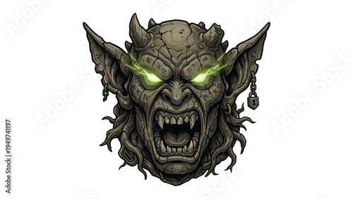 Ancient Stone Gargoyle Demon Head with Glowing Green Eyes