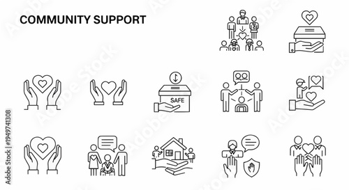Community support icons, social care symbols, charity concept, volunteering services, line icon set