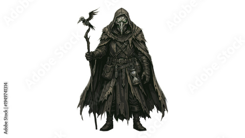 Dark Fantasy Plague Doctor Character with Staff and Hourglass