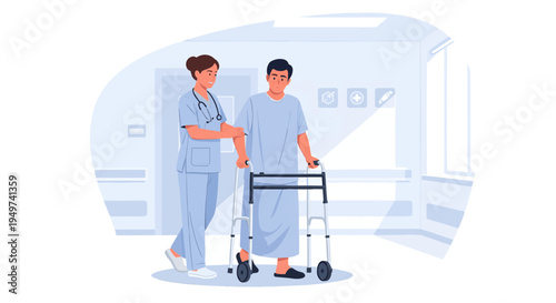 Medical professional assisting a patient with a walker in a hospital corridor
