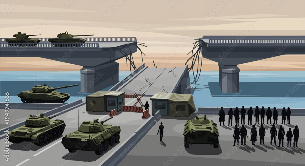 Fototapeta premium Military forces securing a damaged bridge and crowd control barrier with soldiers