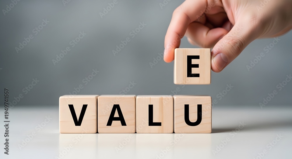 Naklejka premium Hand placing wooden block letter E above value blocks concept