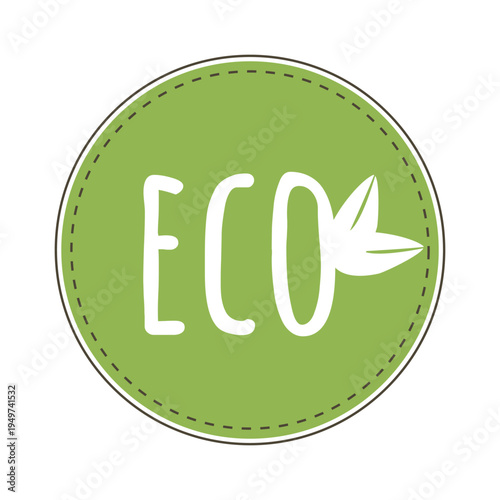 Eco badge with leaf. Green circular vector stamp with hand-drawn style text and foliage. Minimalist symbol for sustainability and environmentally friendly products.