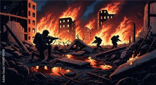 Destruction and conflict Soldiers navigate a city engulfed in flames after an attack