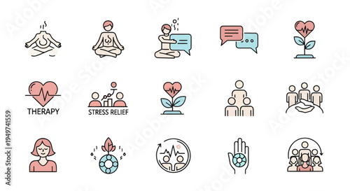 Modern line icon collection illustrating mental well-being, mindfulness, and psychological support concepts for health
