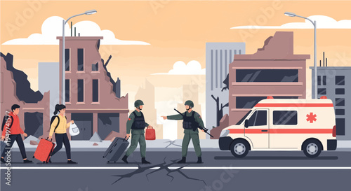 Disaster relief efforts in a war-torn city with an ambulance and refugees