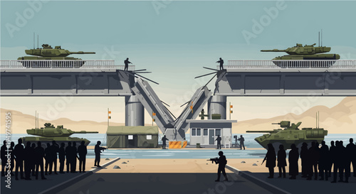 Geopolitical Standoff A Divided Drawbridge with Military Forces and Opposing Crowds Illustrates Conflict and Border Tension