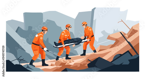 Dedicated rescue team carefully evacuating a victim from dangerous collapsed structures and debris after a disaster
