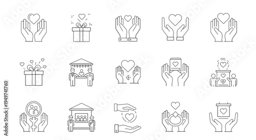 Collection of Line Icons Related to Giving, Care, and Donation Concepts, Perfect for Visual Communication