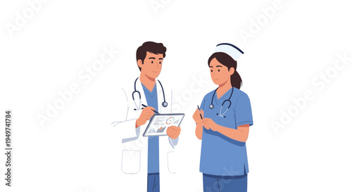 Medical professionals discussing patient information on a clipboard, illustration