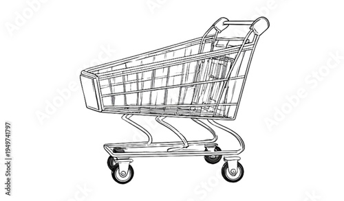 A minimalist line art illustration of an empty shopping cart on wheels