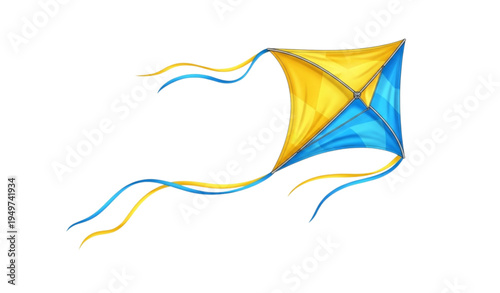 A colorful kite flying in the air with a white background