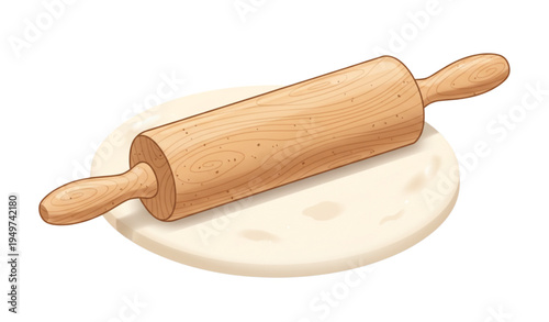 A wooden rolling pin on a piece of dough for baking