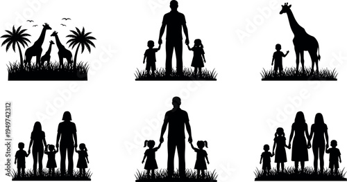 Collection of family and wildlife silhouette scenes featuring parents with children, giraffes in savanna landscape, tropical trees and grass isolated black vector illustration