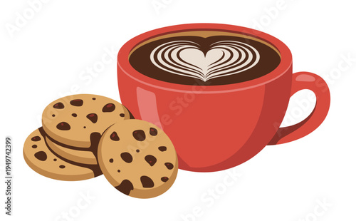 Red coffee mug and cookies vector, minimalist flat illustration featuring warm beverage and snacks in a clean, modern style suitable for web, app, or print design.