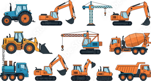 Construction machinery vehicles collection including excavator crane tractor dump truck and mixer, heavy equipment industrial transport vector illustration set isolated on white background