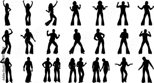 Disco dance silhouette collection featuring retro dancers in dynamic poses, vintage party and music rhythm concept vector illustration set isolated on white background