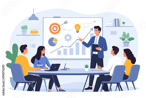 Business Leader Presenting Strategic Growth Plan to Diverse Team in Modern Office Meeting Room; Professional Coworkers Discussing Marketing Goals, Innovation, and Success on Whiteboard.