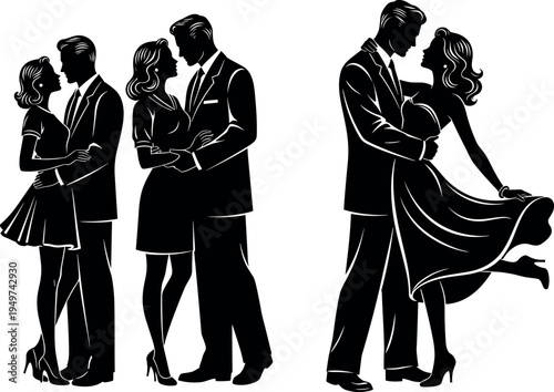 Elegant romantic couple silhouettes in formal attire embracing and dancing, love relationship concept vector illustration set isolated on light background for wedding romance lifestyle theme
