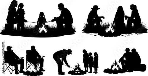 Family camping bonfire silhouette collection showing parents and children roasting marshmallows, relaxing outdoors, sitting by campfire at night, nature adventure lifestyle activity illustration set