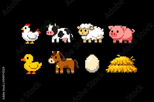 Pixel Art Farm Animal Icon Set Featuring a Chicken, Cow, Sheep, Pig, Duck, Horse, Egg, and Haystack, 8-Bit Retro Game Style Graphics for UI Design and Gaming Assets, Isolated on Black Background