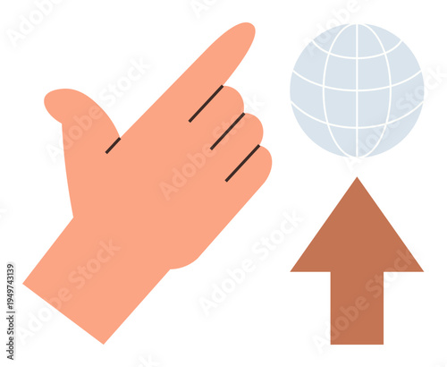 Global communication, teamwork, direction, technology, navigation, interaction. A hand gesture pointing towards a globe and arrow. Global communication and teamwork concept for modern solutions