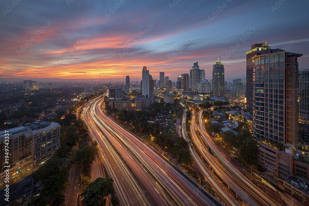 Fototapeta premium Cityscape sunset with light trails on busy highway and modern skyscraper buildings under colorful sky, vibrant urban scene with dynamic motion and evening glow