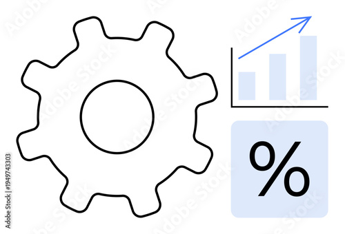 Business growth, analytics, performance improvement, efficiency, optimization, financial data. Gear icon alongside bar graph and percentage. s business growth and analytics concepts