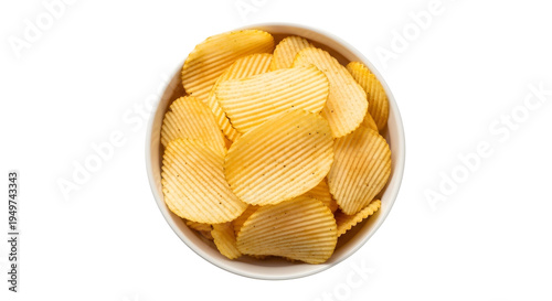 Crunchy potato chips in a white ceramic bowl, flat lay, close-up On White