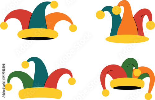 Jester hat collection for carnival, colorful clown headwear set, medieval joker hat, festive vector illustration