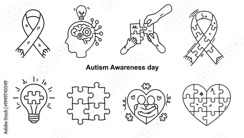 Outline icons for autism awareness day featuring puzzle heart ribbon and brain
