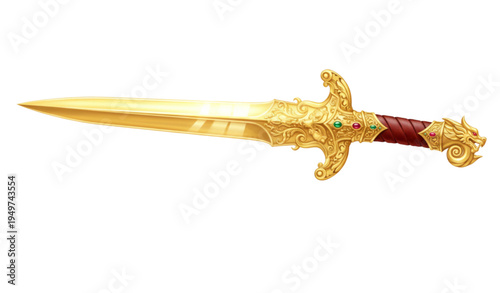 A golden sword with an ornate hilt and red handle