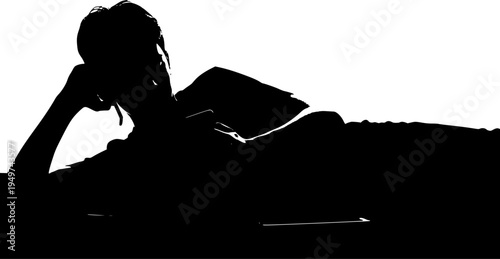 Black silhouette of boy lying with phone. Teenager resting on sofa. Young man watching mobile. Guy with tablet on bed