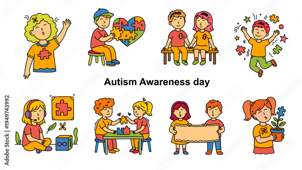 Naklejka premium Colorful illustrations of children with autism playing and holding awareness symbols