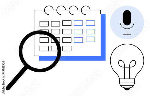 Productivity tools. A magnifying glass highlights a calendar alongside a microphone and light bulb, productivity, ideas, and planning. Productivity, efficiency, and task management. For workflow