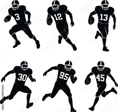 American football player silhouette collection, running athlete set, sportsman action pose, competitive game vector illustration