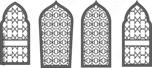 Islamic window arch collection, arabic geometric pattern set, oriental lantern silhouette, ramadan decoration vector illustration