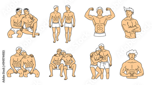 Muscular gay men in underwear posing and hugging showing intimate romantic connection