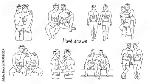 Hand drawn line sketches of gay couples showing love and deep affection