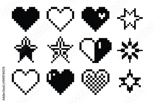 Retro pixel art hearts and stars icon set, black and white 8-bit video game assets, vector graphic elements for GUI design, love symbols, rating markers, and favorite indicators.
