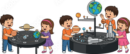 Happy children learning solar system with planets model and rocket illustration, educational astronomy classroom activity, science learning concept cartoon vector isolated on white background