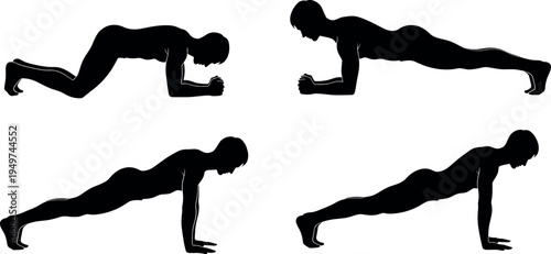 Push up and plank exercise silhouette set showing fitness workout positions, strength training bodyweight routine vector illustration collection isolated on light background for gym lifestyle