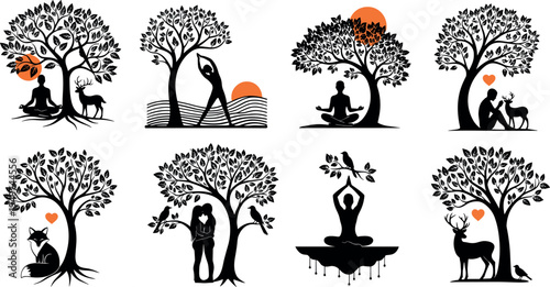 Nature wellness silhouettes collection featuring yoga meditation couples wildlife and trees with sunset accents, peaceful mindfulness lifestyle vector illustration set isolated on light background