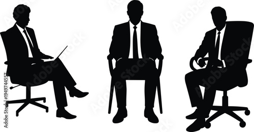 Businessman sitting silhouette collection, corporate office meeting set, professional manager pose, executive vector illustration