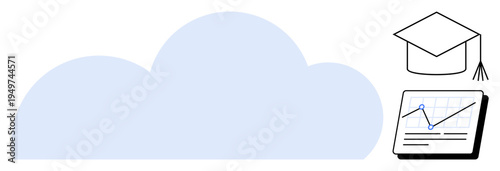 Cloud integrates with a graduation cap and analytics dashboard featuring a line graph. Ideal for education, e-learning, technology, digital transformation, cloud services, online collaboration