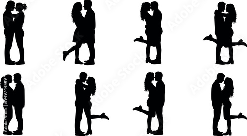Romantic couple silhouette collection showing kissing and embracing poses, love relationship and passion concept vector illustration set isolated on white background for design