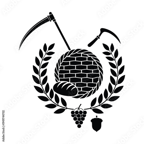 Black and white emblem with scythe hammer brick oven grape acorn and laurel wreath
